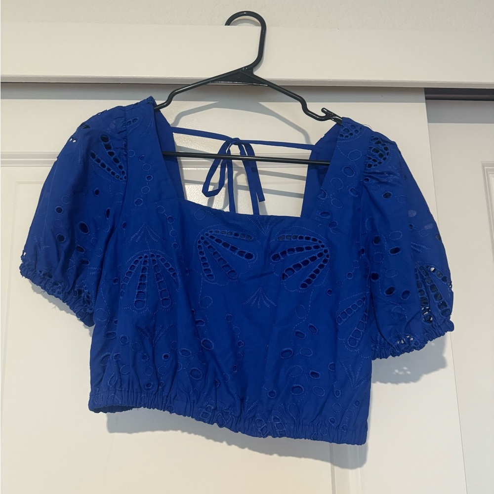 LOFT Royal Blue Eyelet Puff Sleeve Blouse NWT